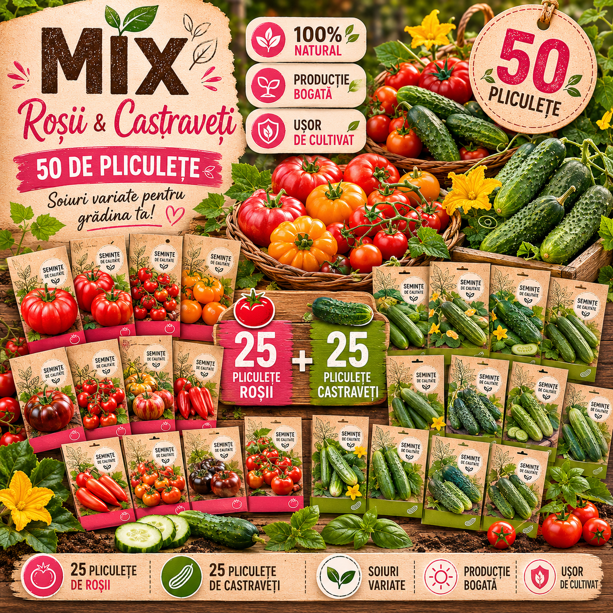 Pachet Mix Semințe Roșii Și Castraveți- 50 Bucăți