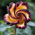 Trandafir portocaliu cu nuanțe mov Hallo Rose înflorit, cu petale delicate și frunze verzi, într-o grădină luminoasă.